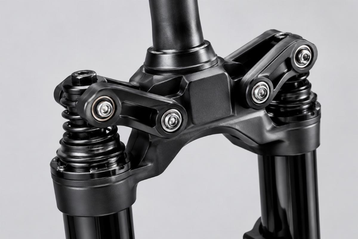 Black finish spring fork assembly detail showing rockers and stem