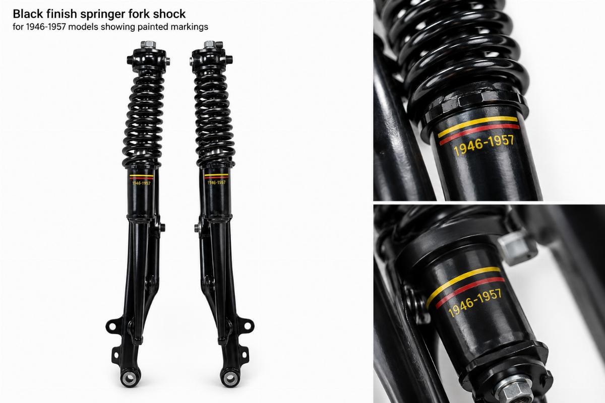 Black finish springer fork shock for 1946-1957 models showing painted markings
