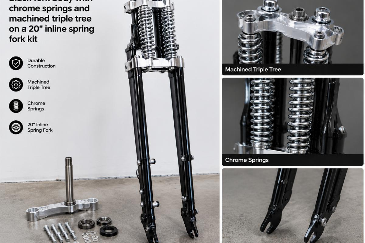 Black fork body with chrome springs and machined triple tree on a 20" inline spring fork kit