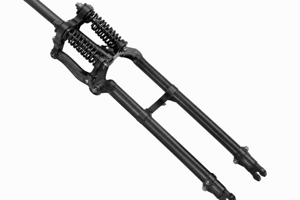 Black inline spring fork assembly 22 inch over showing parkerized finish and offset rockers