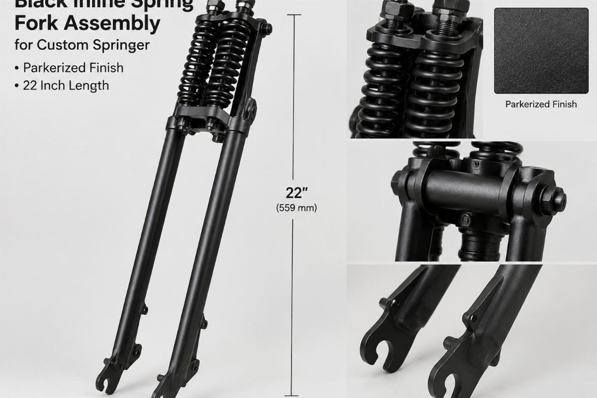 Black inline spring fork assembly for custom springer showing parkerized finish and 22 inch length