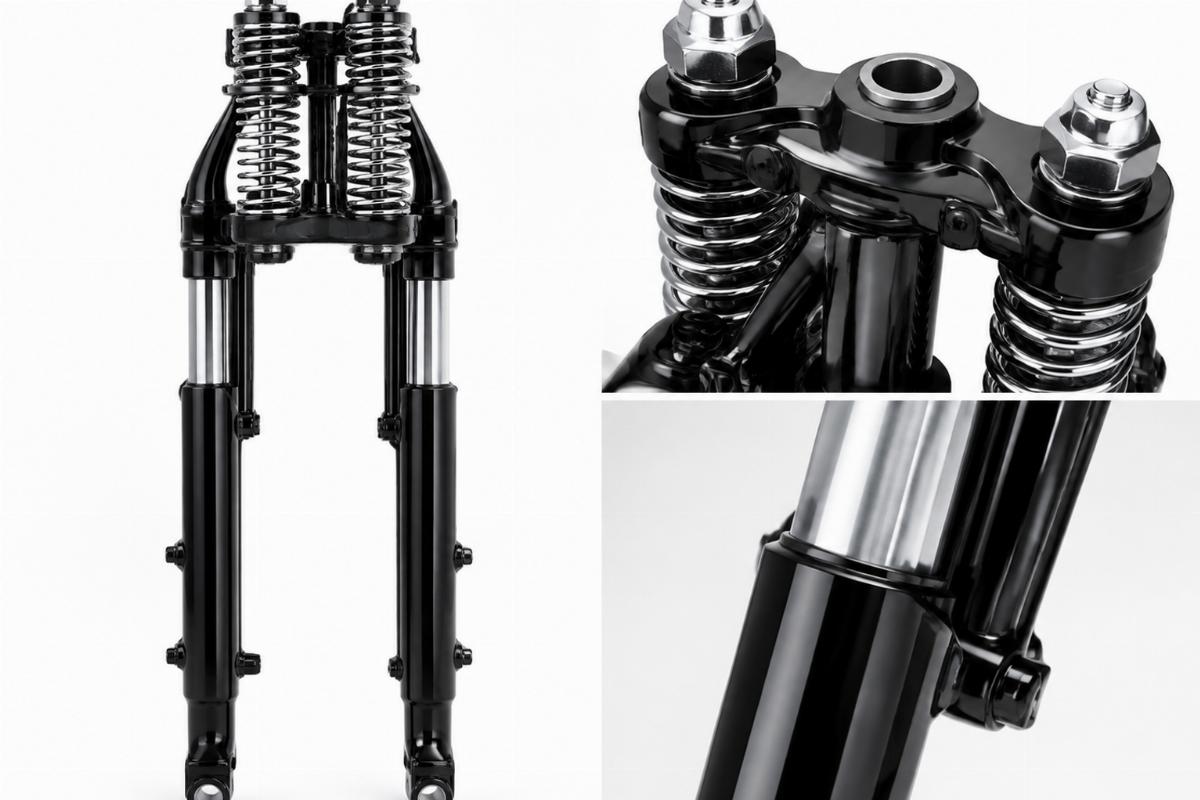 Black inline spring fork assembly for flsts showing dual-tone finish and top tree detail