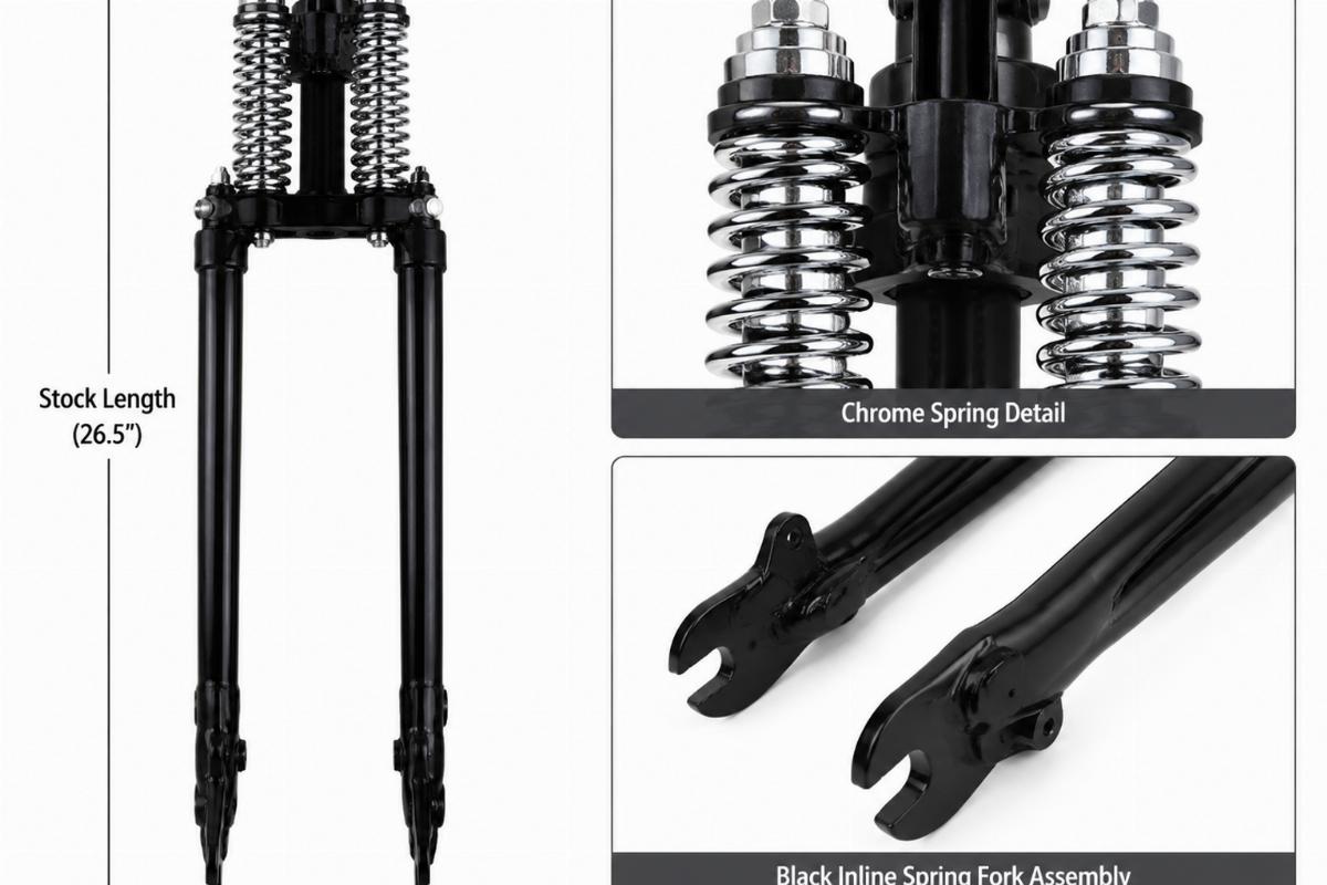 Black inline spring fork assembly for fxsts showing stock length and chrome spring detail