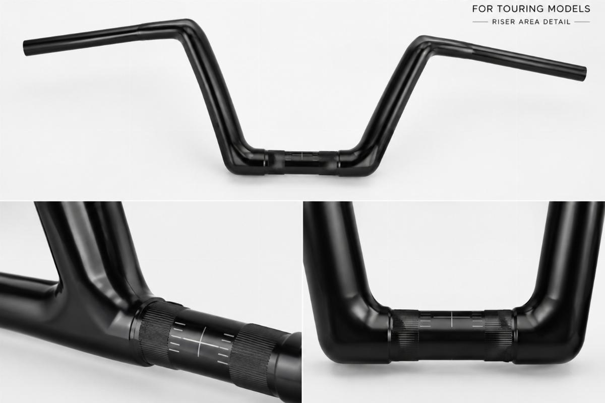 Black jackknife handlebars for touring models showing riser area detail