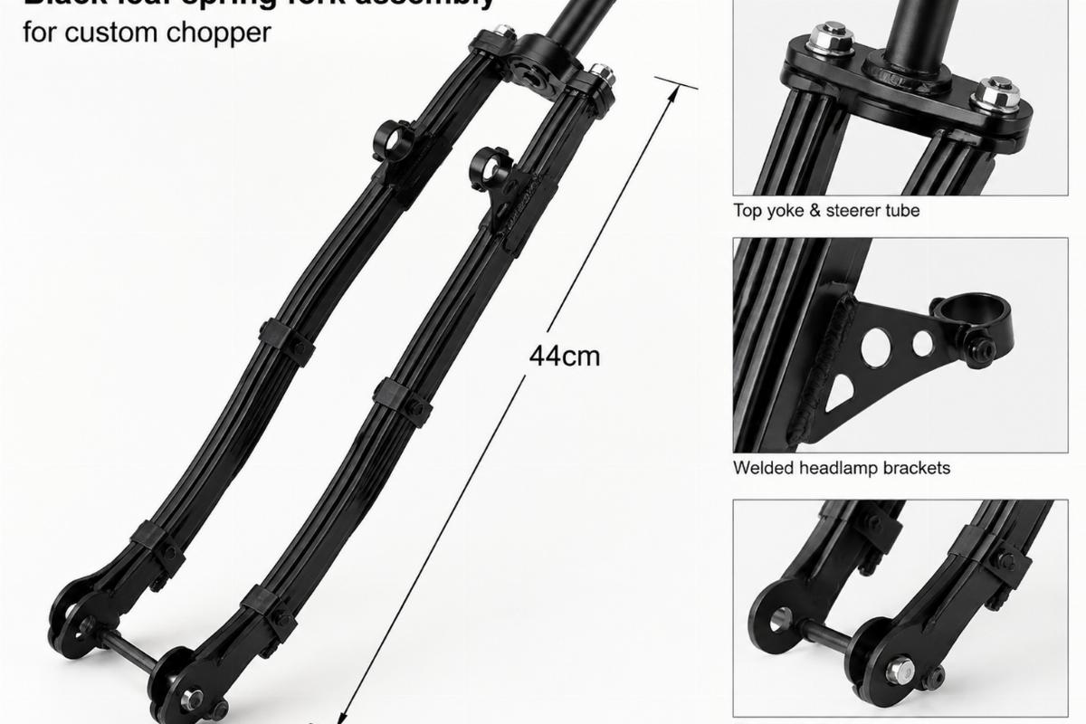 Black leaf spring fork assembly for custom chopper showing 44cm length and welded headlamp brackets
