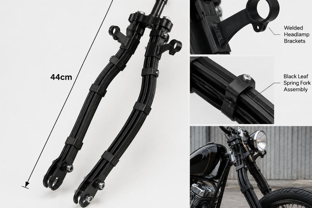 Black leaf spring fork assembly for custom chopper showing 44cm length and welded headlamp brackets