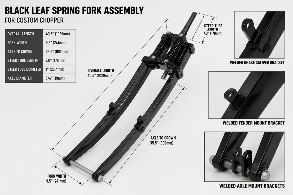 Black leaf spring fork assembly for custom chopper showing overall length and welded brackets