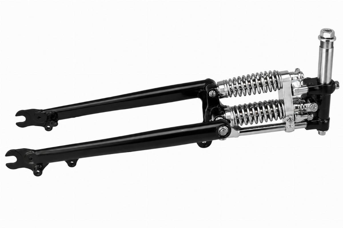 Black leg and chrome spring inline spring fork assembly motorcycle aftermarket side view
