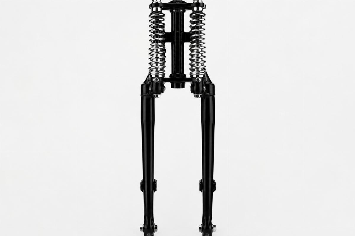 Black narrow springer fork assembly with chrome springs front view