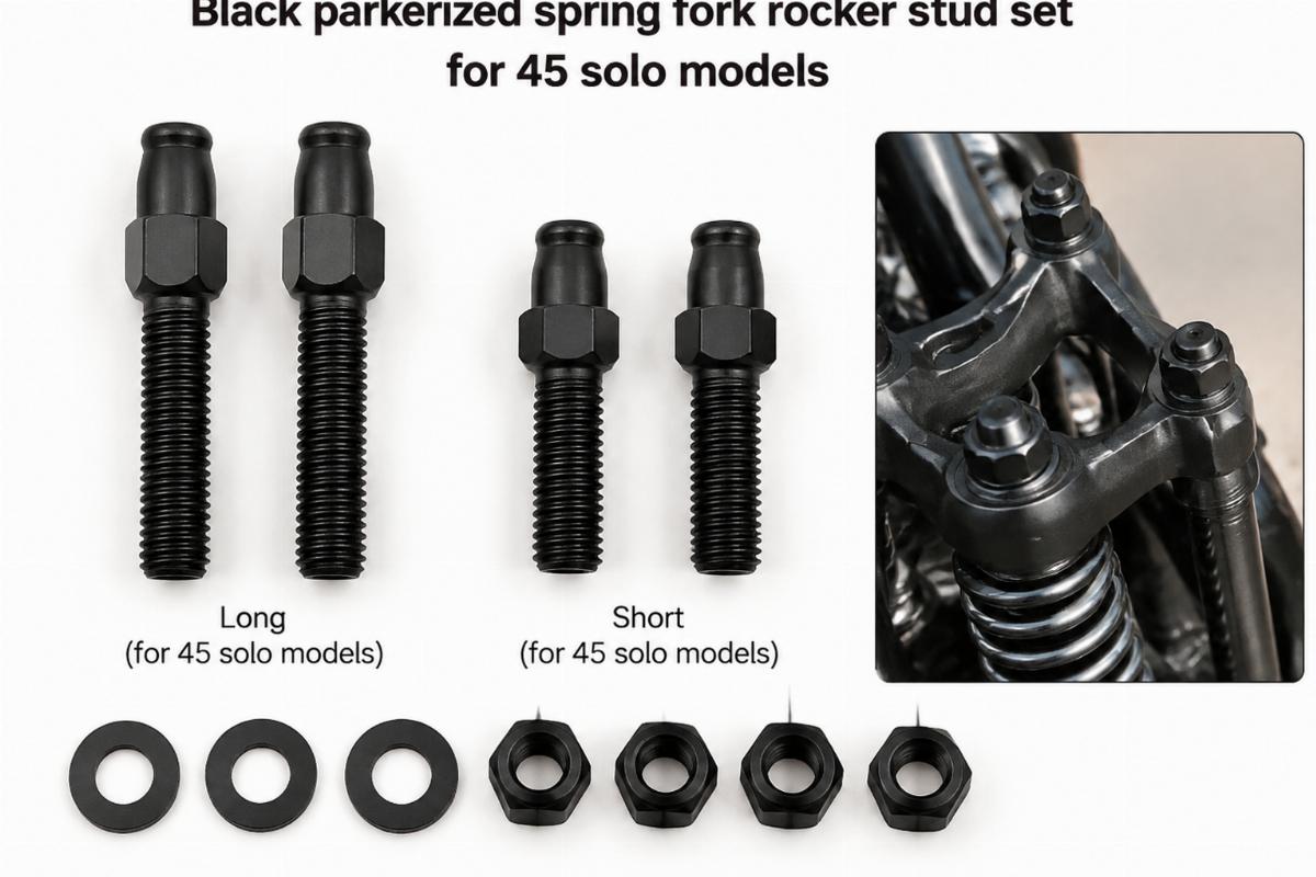 Black parkerized spring fork rocker stud set for 45 solo models showing long and short variations