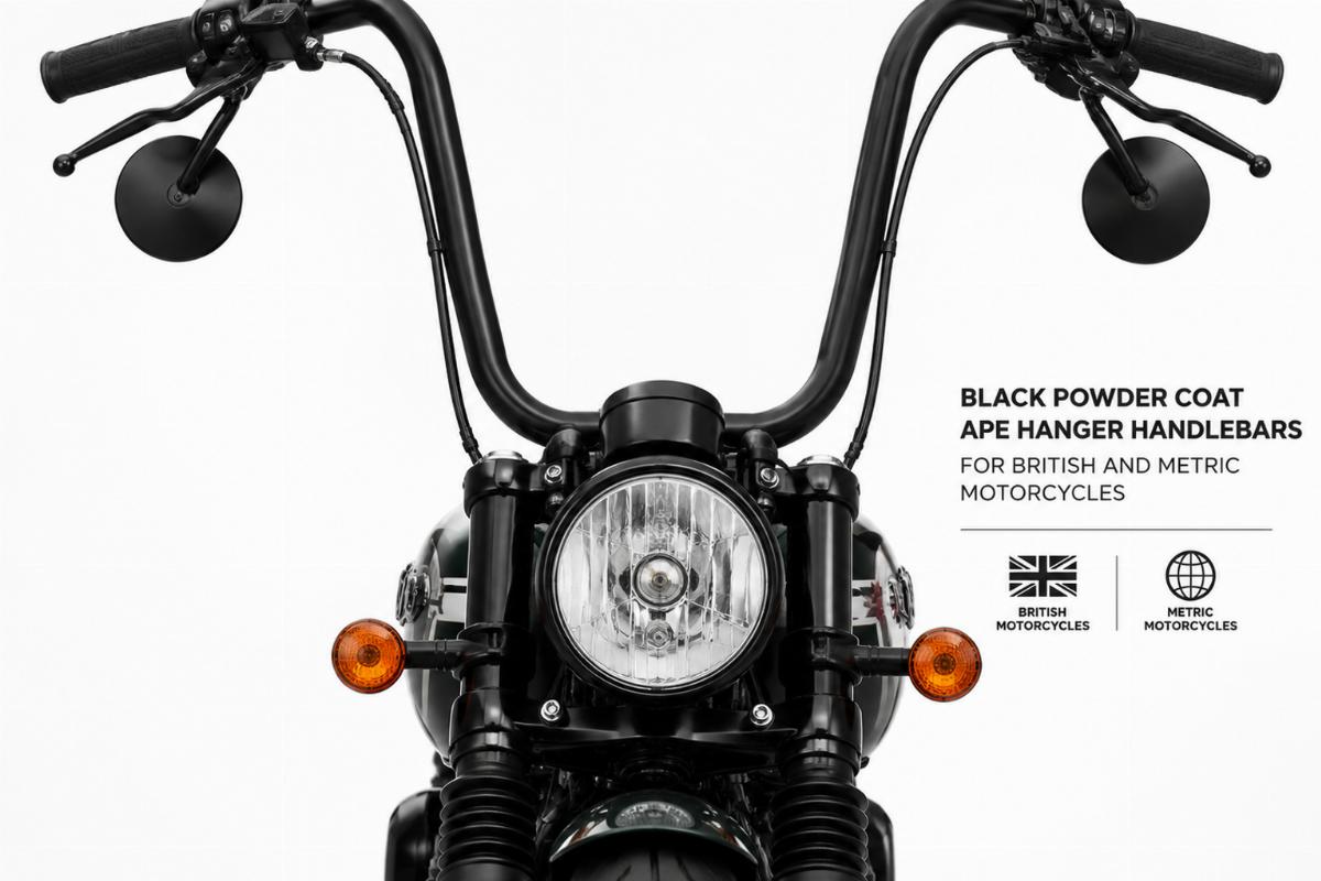 Black powder coat ape hanger handlebars for british and metric motorcycles front view