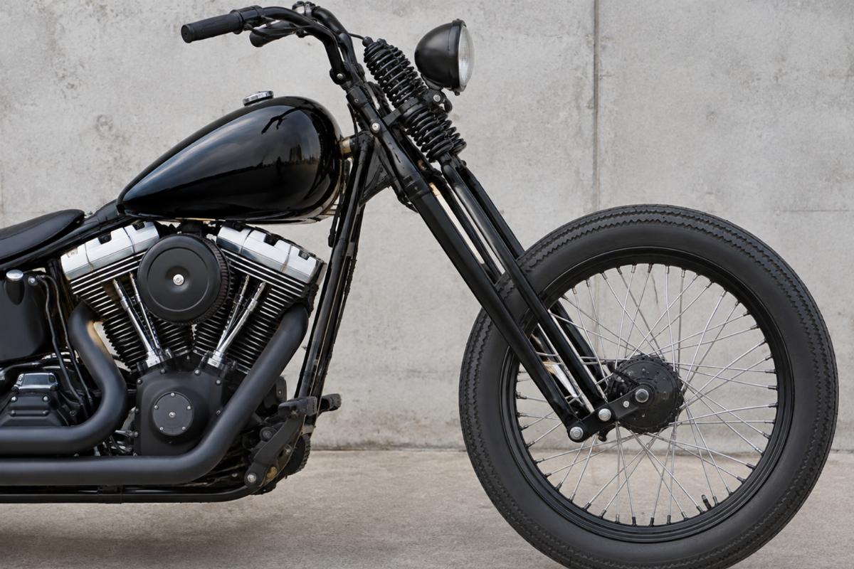Black powder coat custom springer front end for fxst side profile view