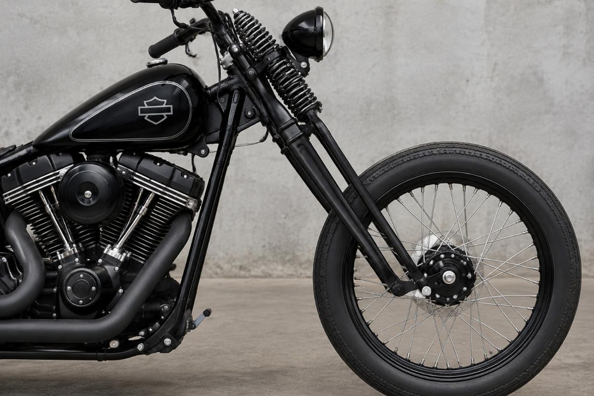 Black powder coat custom springer front end for FXST side view