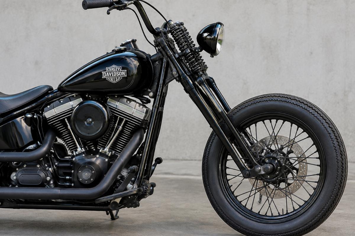 Black powder coat custom springer front end for fxst softail side view