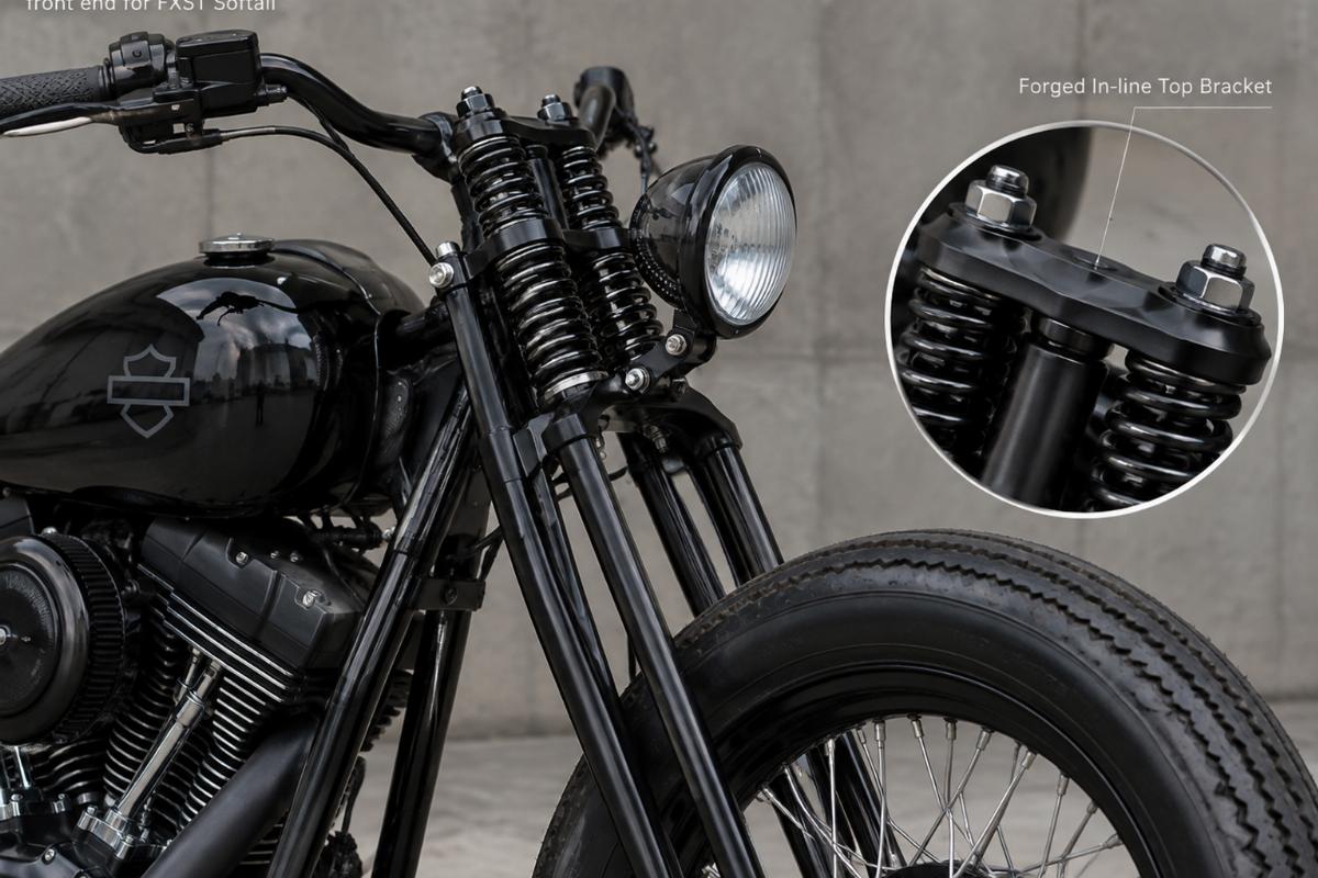 Black powder coat custom springer front end for FXST Softail showing forged in-line top bracket