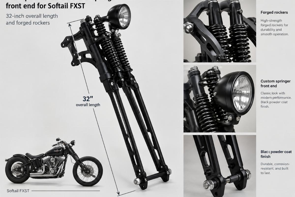 Black powder coat custom springer front end for Softail FXST showing 32-inch overall length and forged rockers