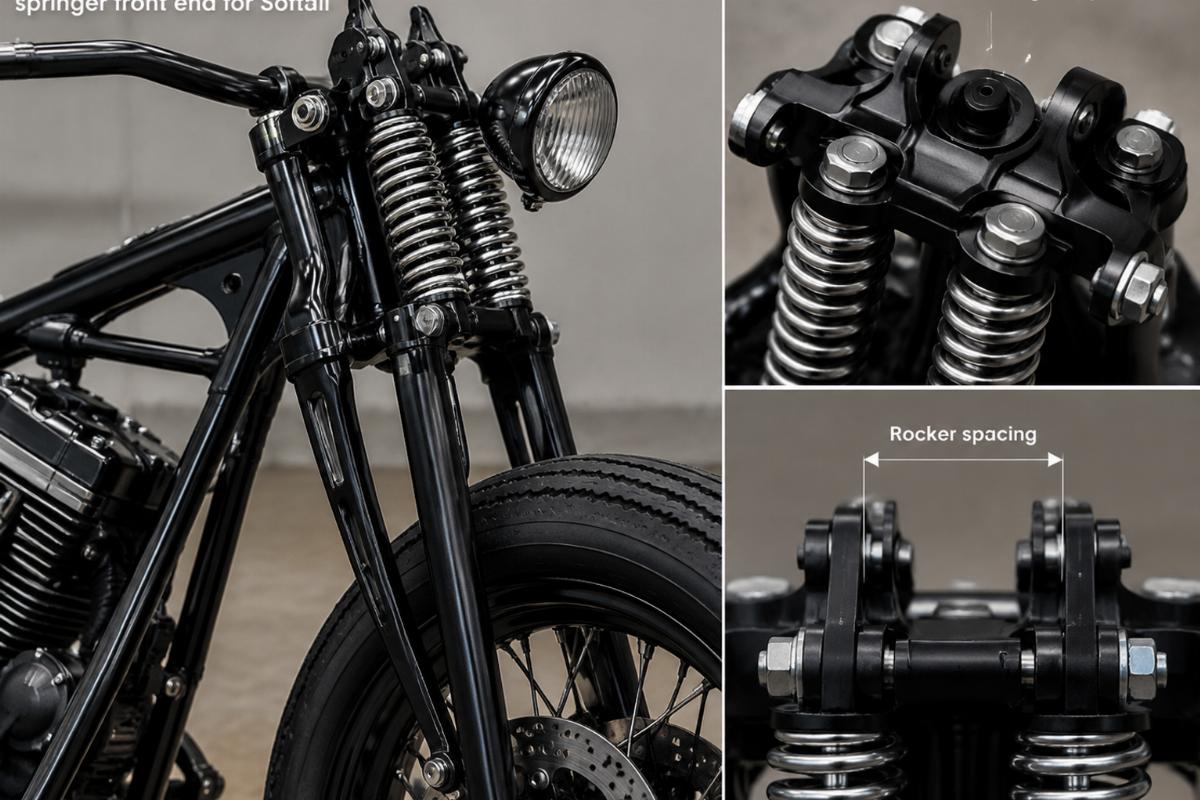 Black powder coat custom springer front end for softail showing forged top bracket and rocker spacing