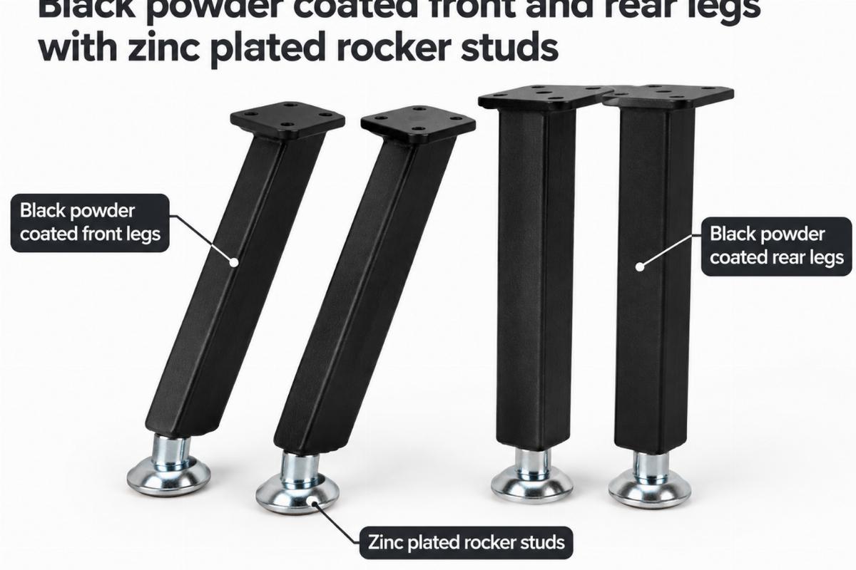Black powder coated front and rear legs with zinc plated rocker studs
