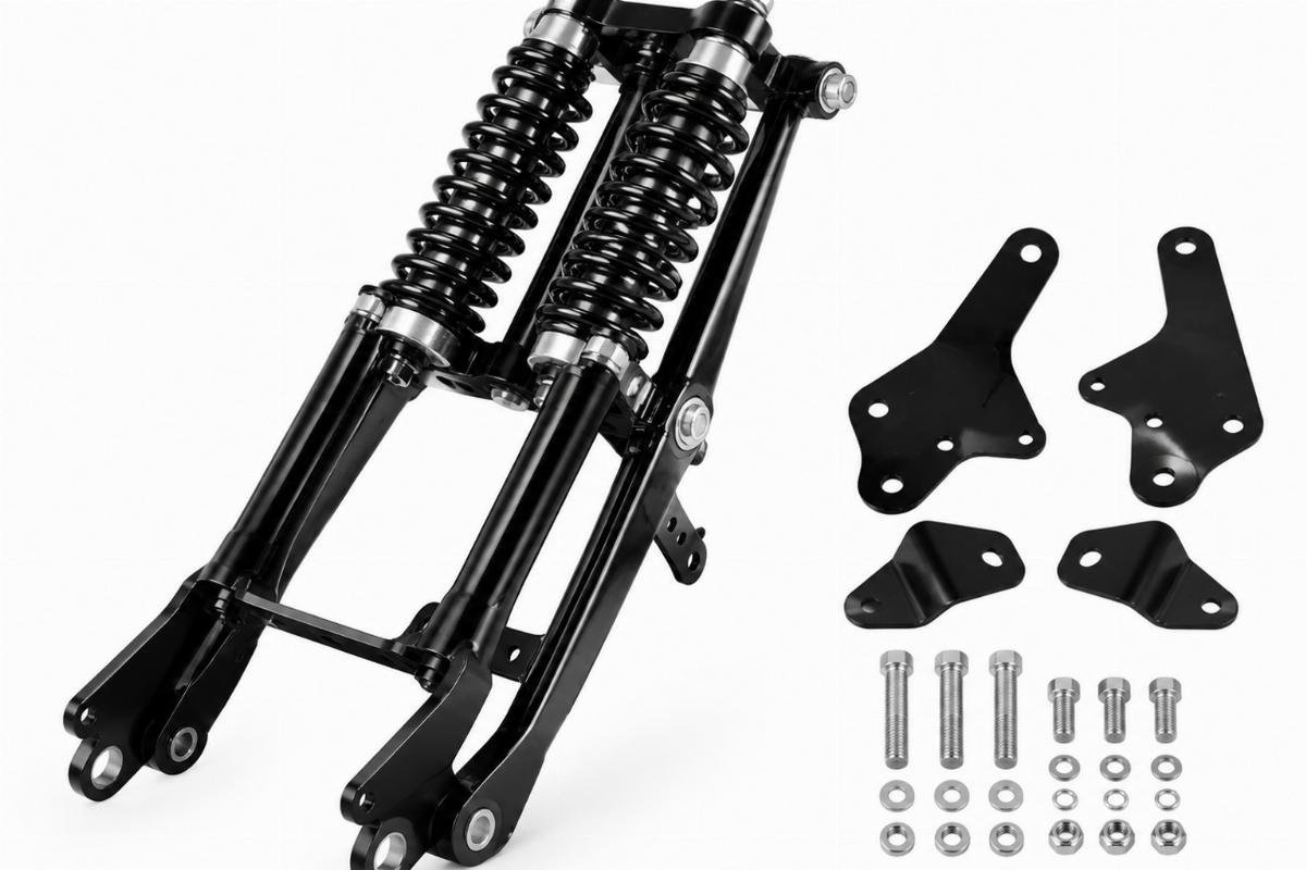 Black retro spring fork shock assembly for custom springer with mount brackets