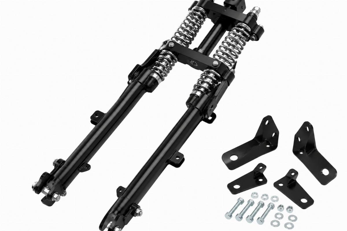 Black retro spring fork shock assembly motorcycle aftermarket showing mount brackets