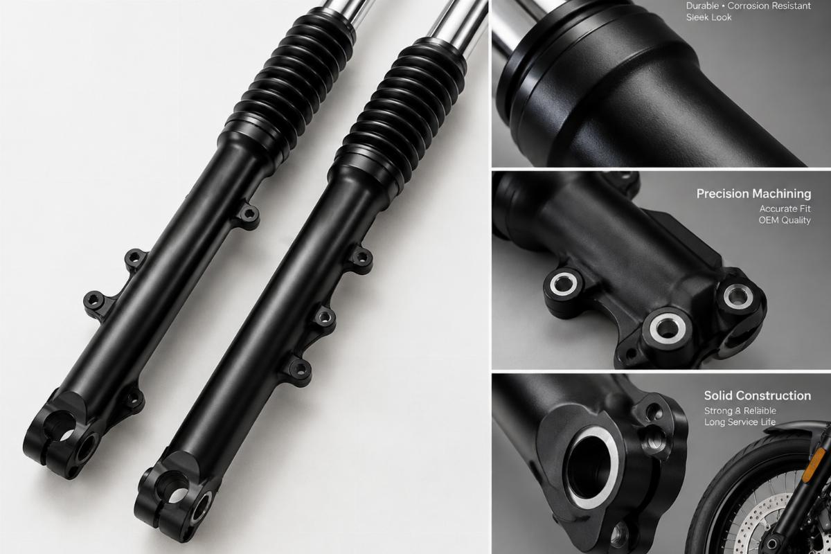 Black spring fork front leg motorcycle aftermarket component showing finish detail