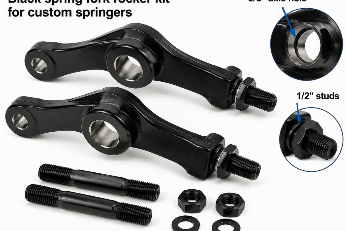Black spring fork rocker kit for custom springers showing 5/8" axle hole and 1/2" studs