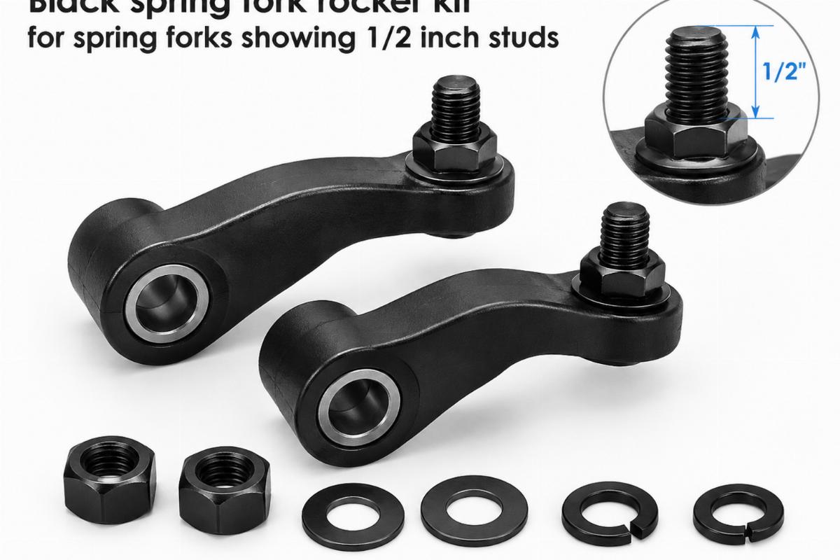 Black spring fork rocker kit for spring forks showing 1/2 inch studs