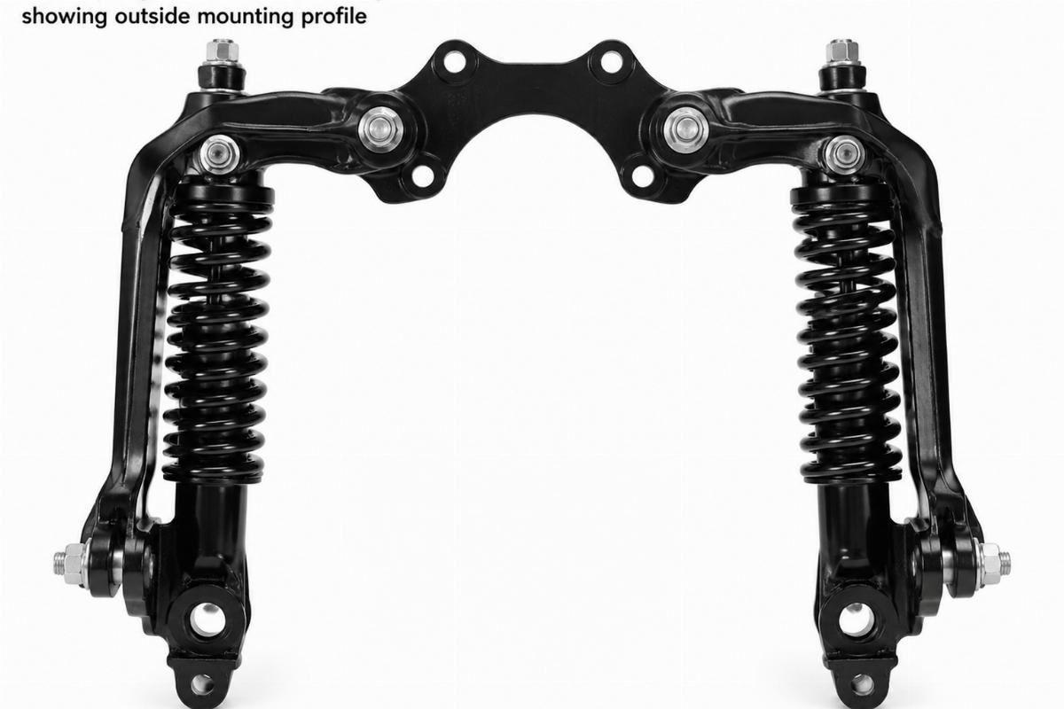 Black spring fork rocker set for big twin showing outside mounting profile