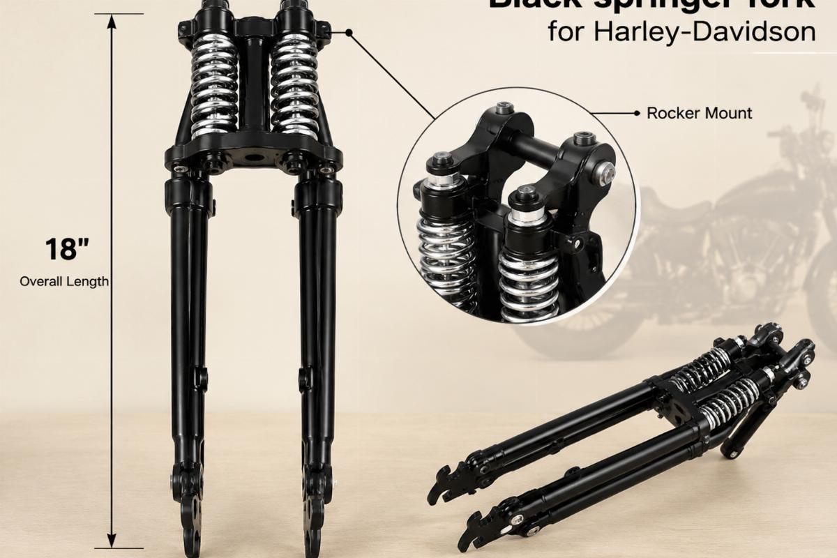 Black springer fork for harley-davidson showing 18 inch overall length and rocker mount