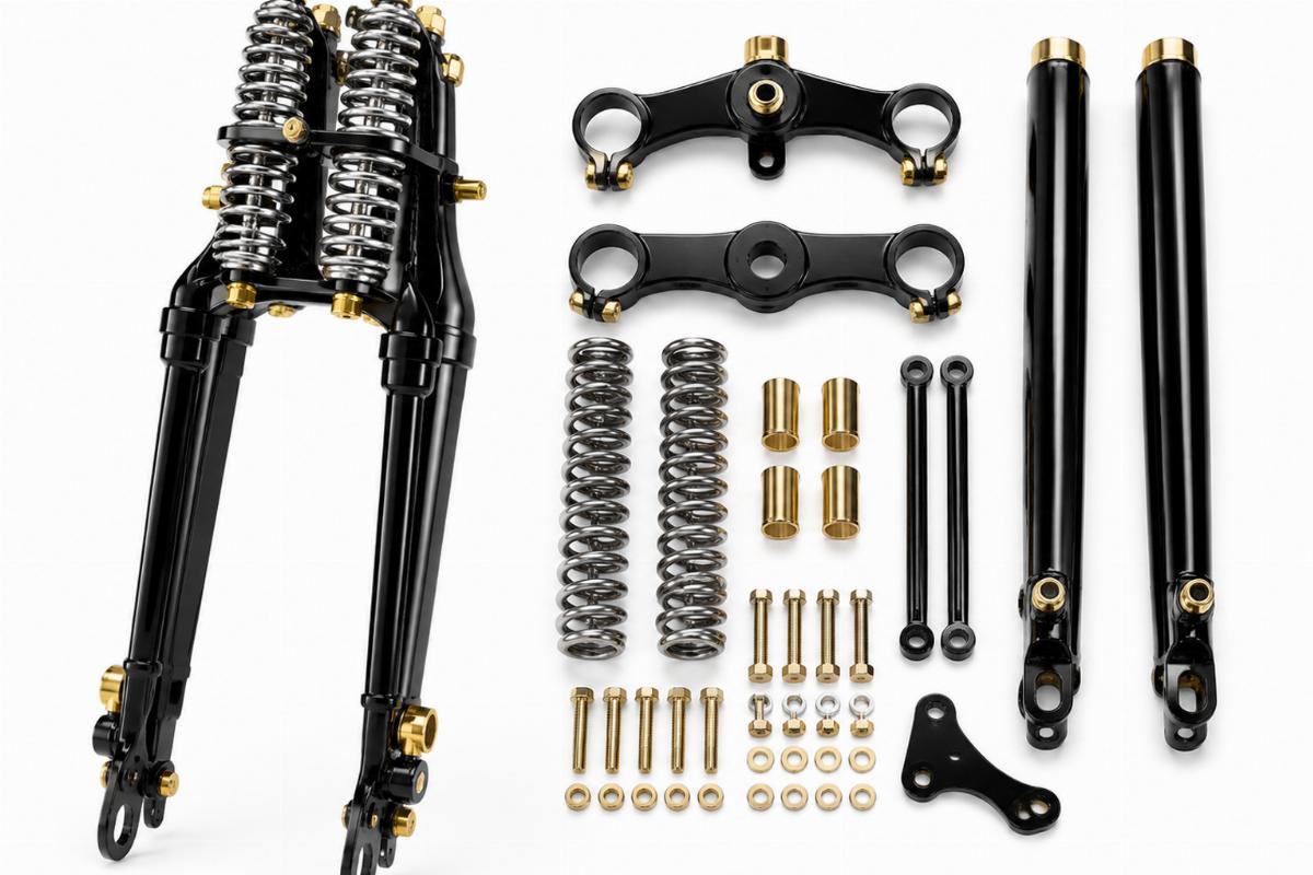 Black springer fork kit for custom springer front end showing brass plated components