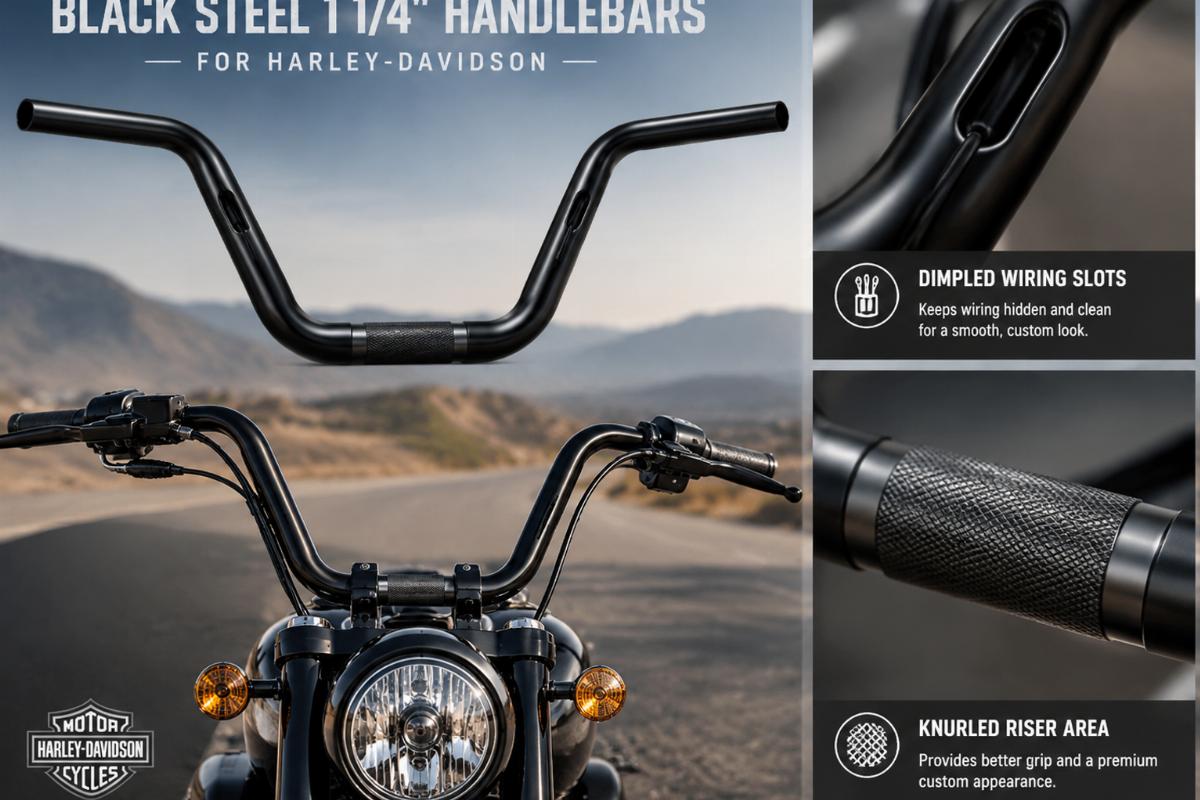 Black steel 1 1/4 inch handlebars for harley-davidson showing dimpled wiring slots and knurled riser area