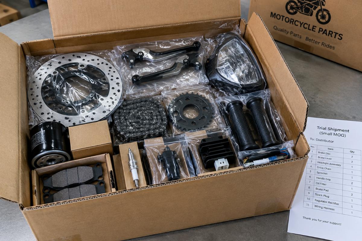 Box of assorted motorcycle parts ready for small MOQ trial shipment to a distributor