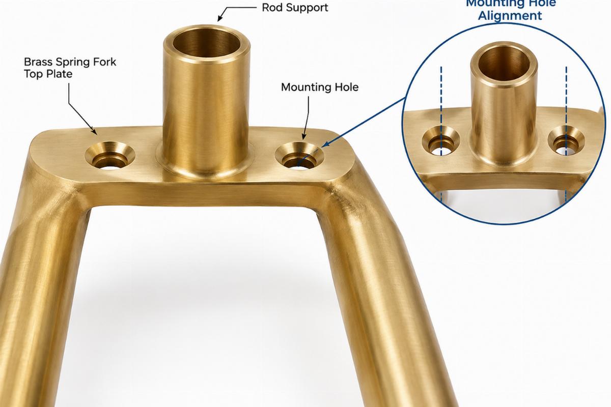 Brass spring fork top plate rod support showing mounting hole alignment