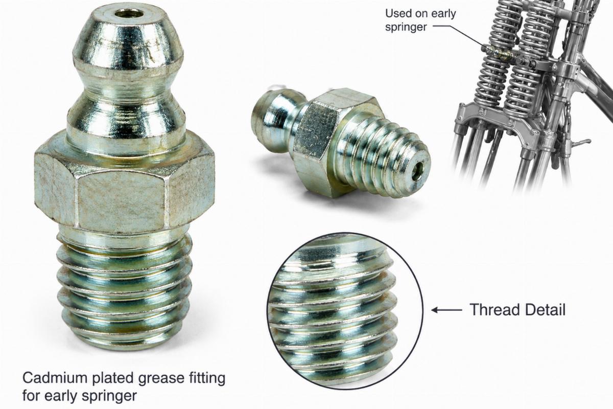 Cadmium plated grease fitting for early springer showing thread detail