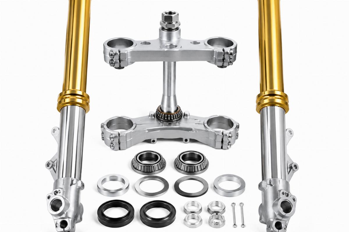 Cadmium spring fork neck cup set motorcycle aftermarket front view