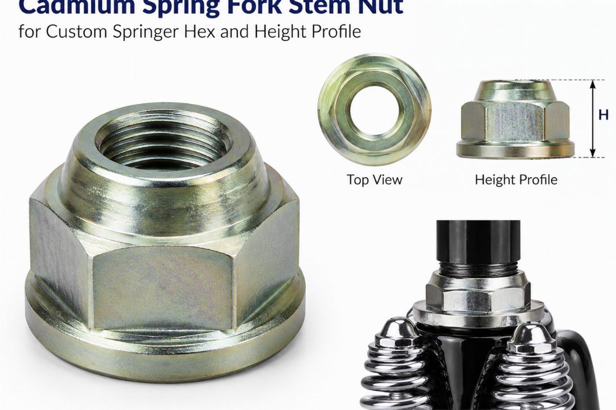 Cadmium spring fork stem nut for custom springer hex and height profile