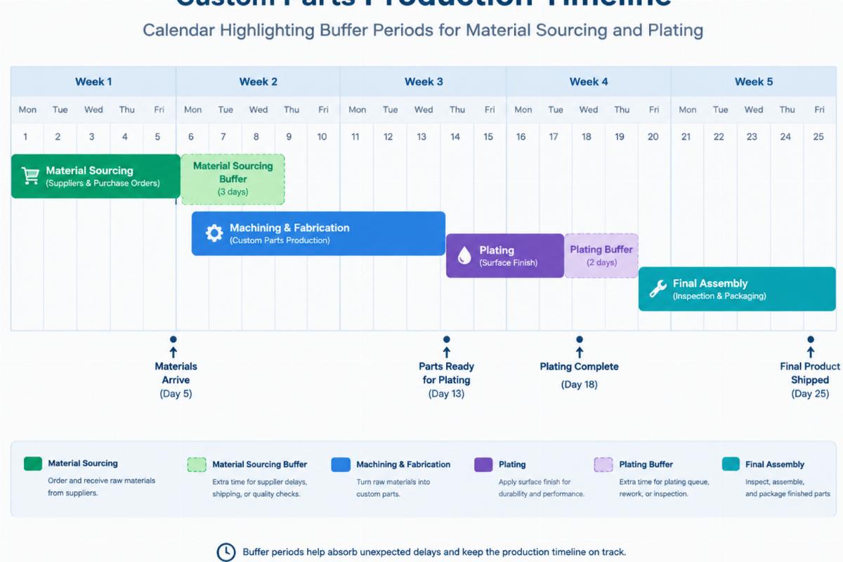 Calendar graphic highlighting buffer periods for material sourcing and plating in a custom parts production timeline