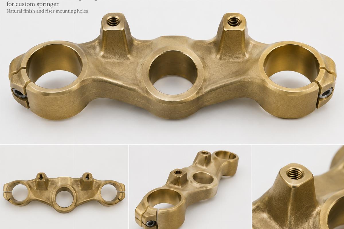 Cast brass inline top triple tree for custom springer showing natural finish and riser mounting holes
