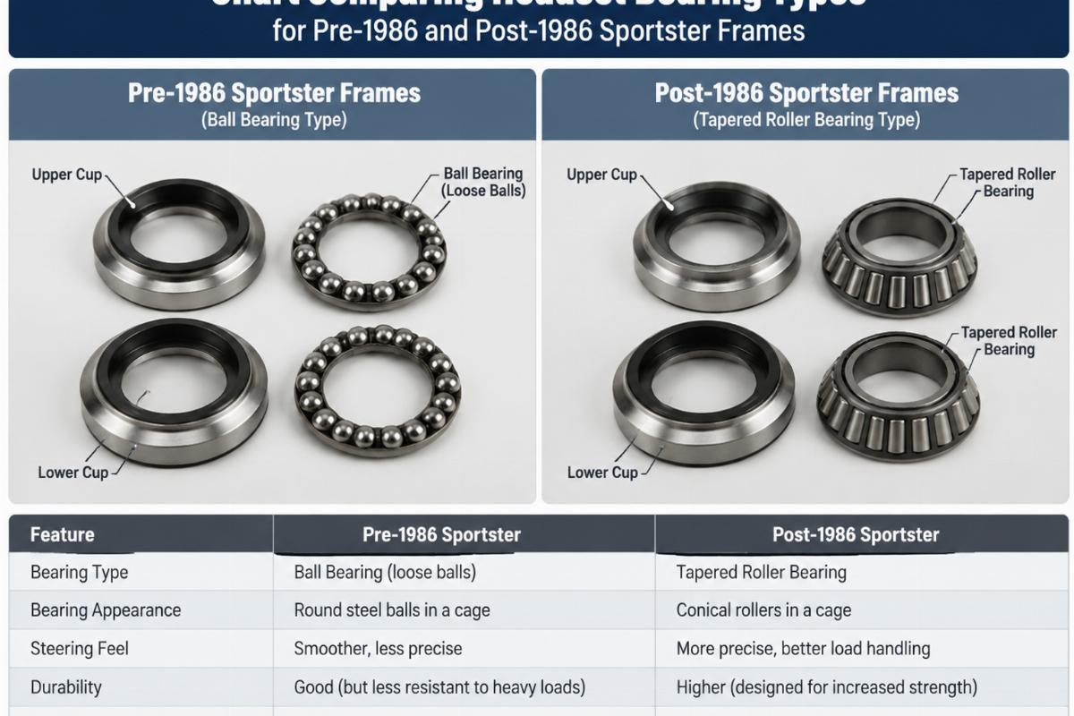 Chart comparing headset bearing types for pre-1986 and post-1986 Sportster frames