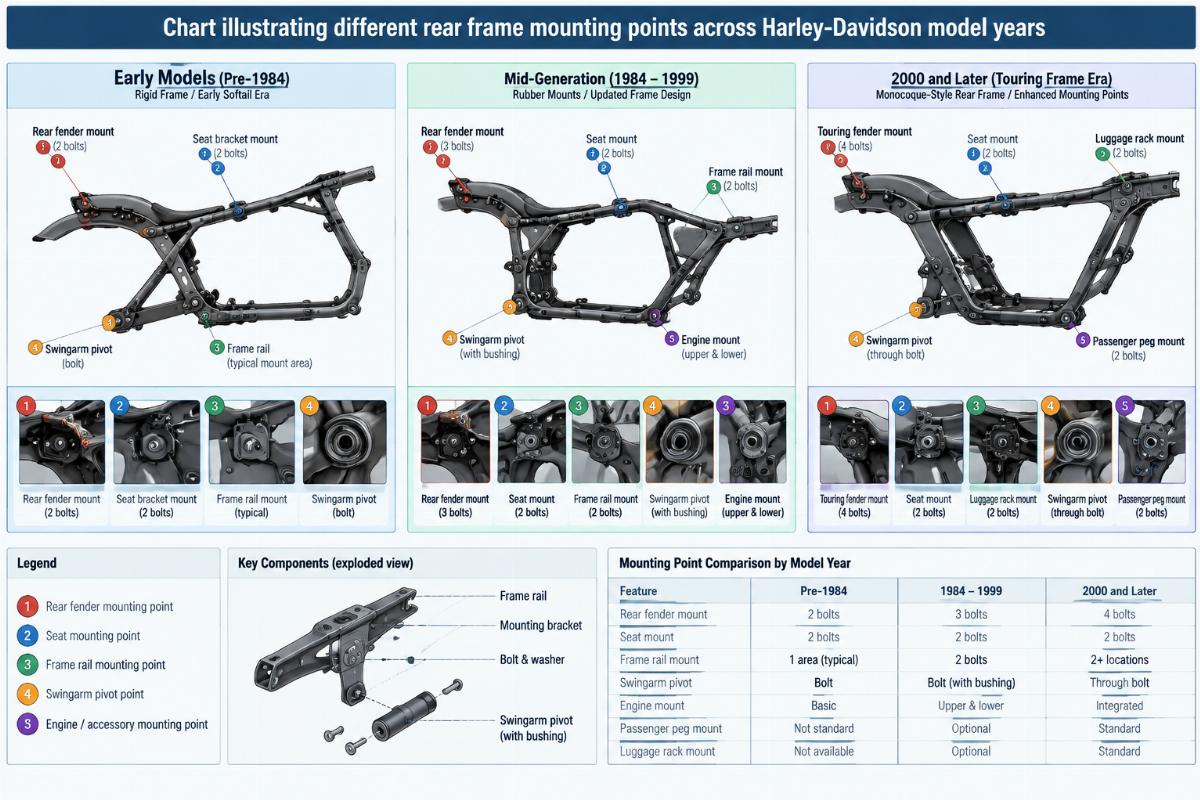 Chart illustrating different rear frame mounting points across Harley-Davidson model years