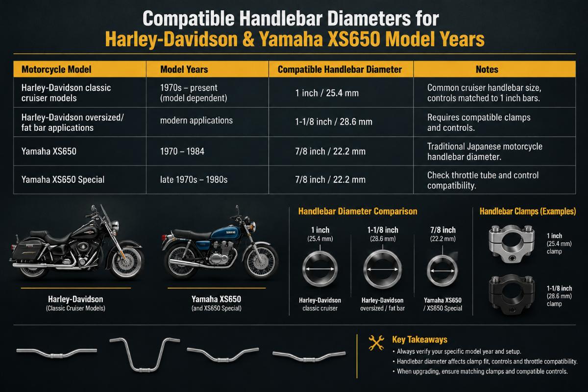 Chart showing compatible handlebar diameters for various Harley-Davidson and Yamaha XS650 model years