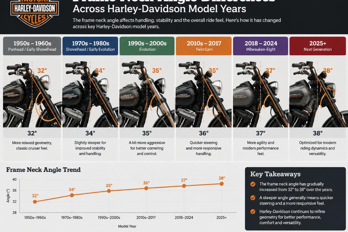 Chart showing frame neck angle differences across Harley-Davidson model years