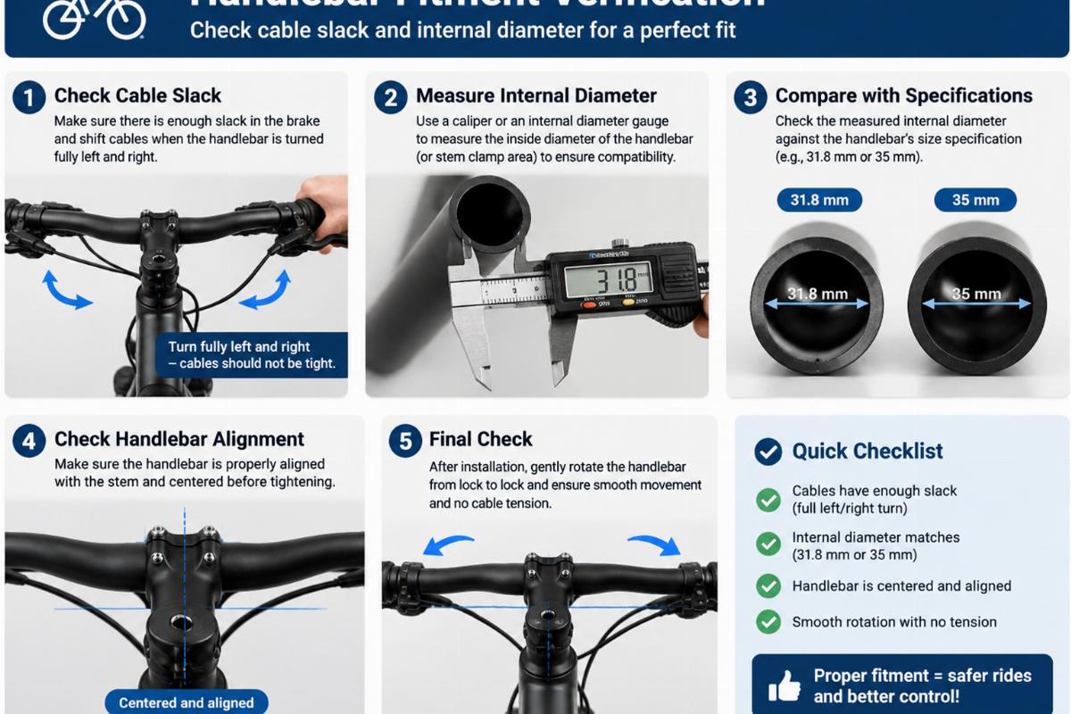 Chart showing steps for verifying handlebar fitment including cable slack and internal diameter