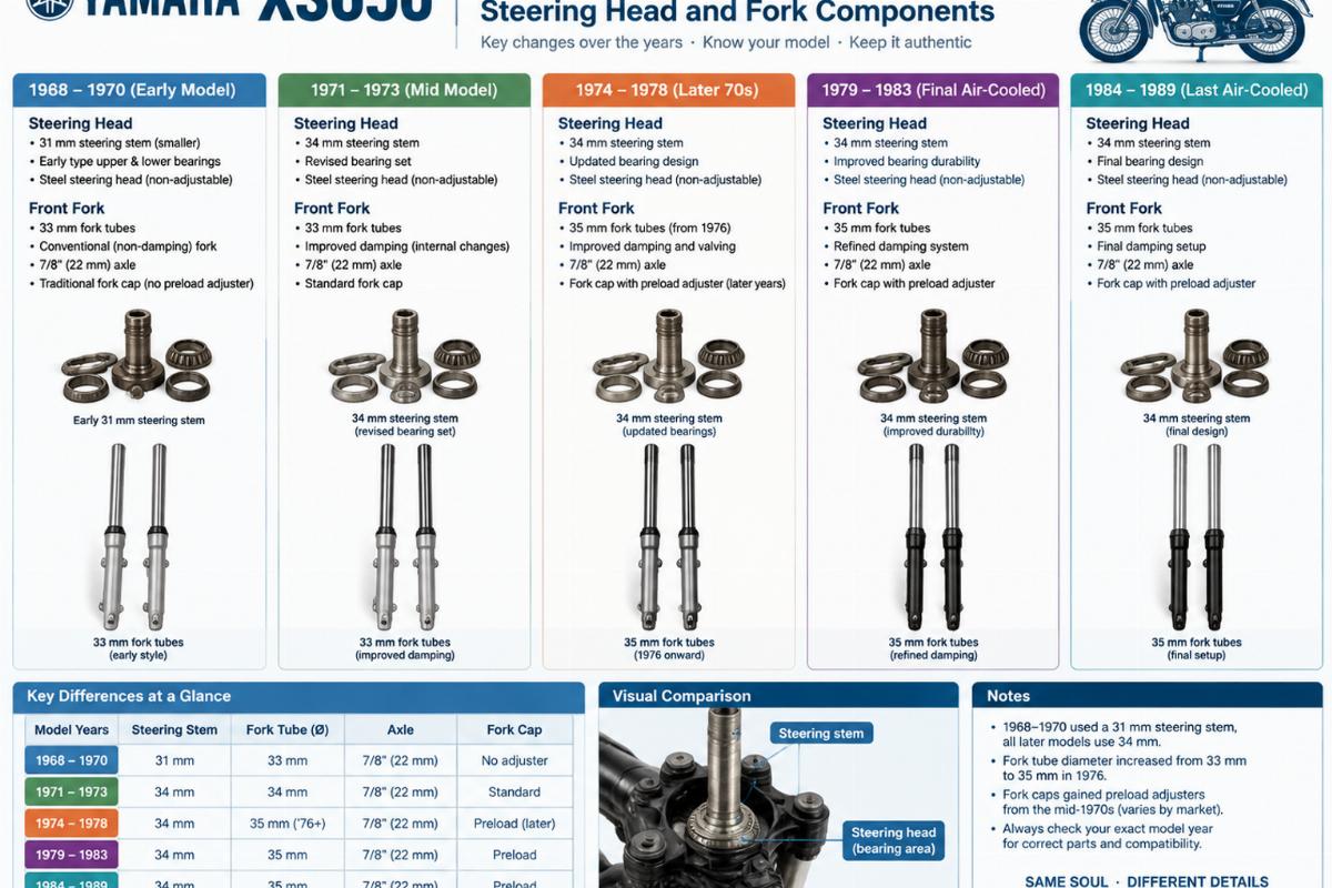 Chart showing XS650 model year variations in steering head and fork components