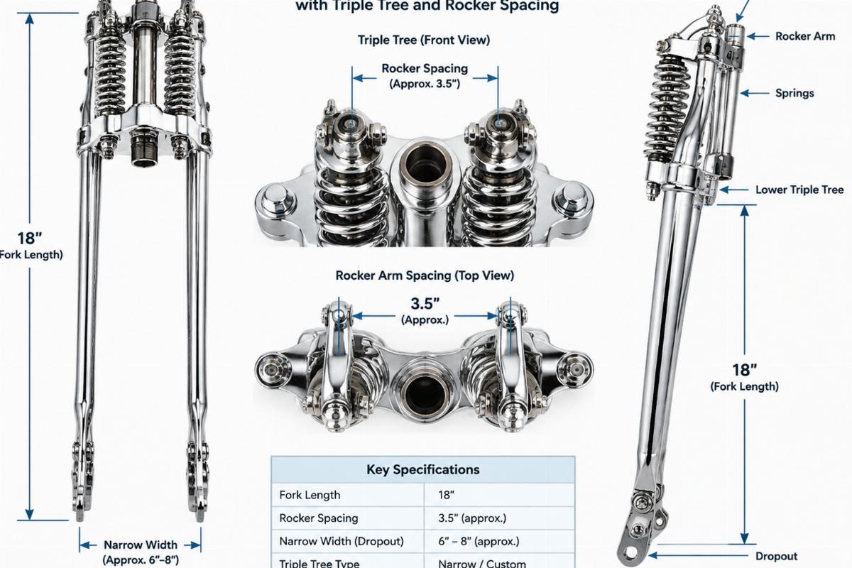 Chrome 18" narrow springer fork assembly showing triple tree and rocker spacing