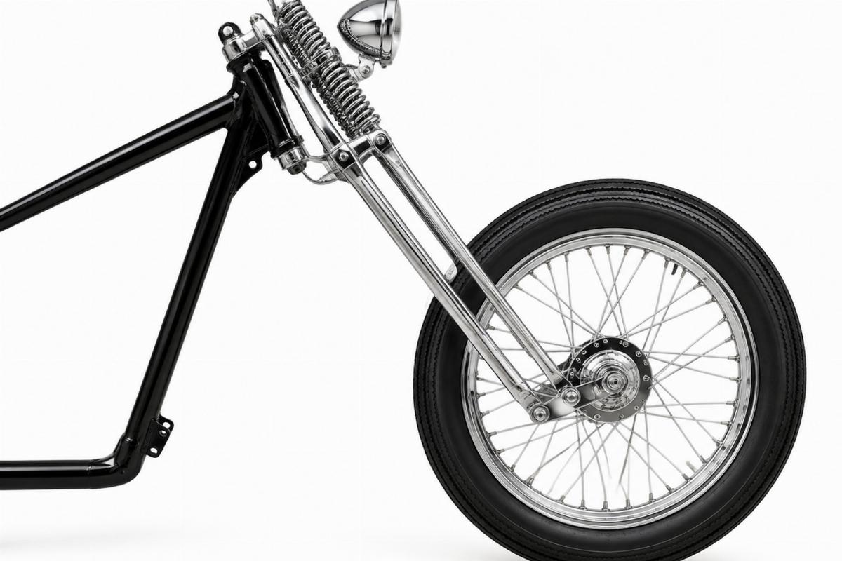 Chrome 18" offset custom springer fork assembly for rigid frames side view