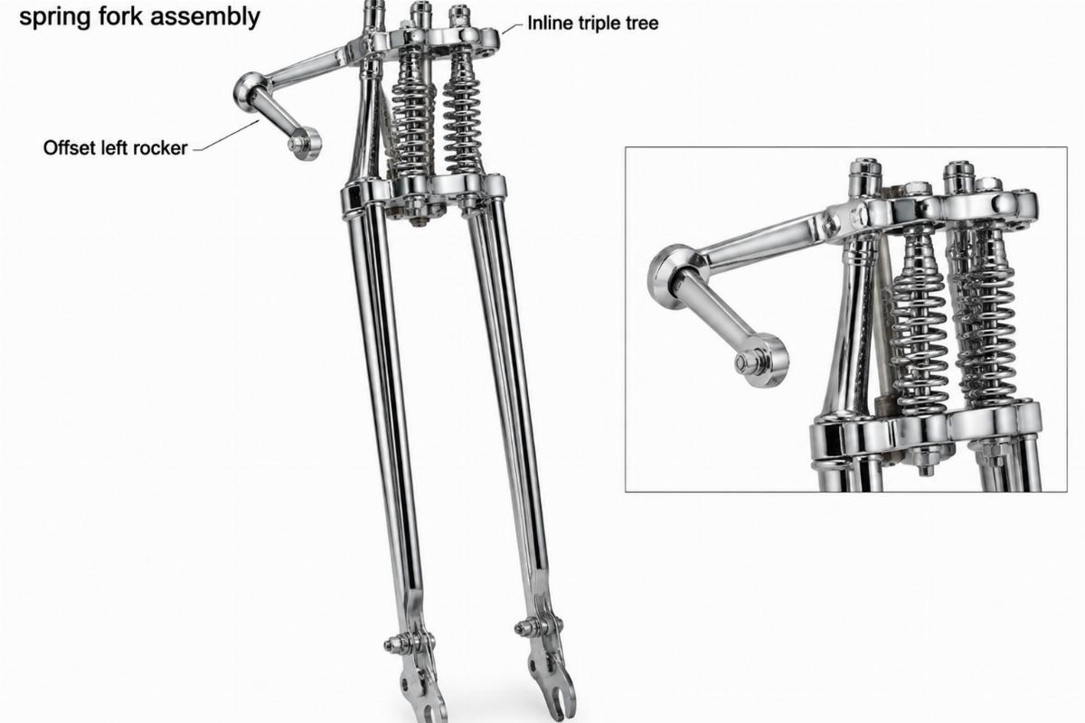 Chrome 28" narrow spring fork assembly showing inline triple tree and offset left rocker