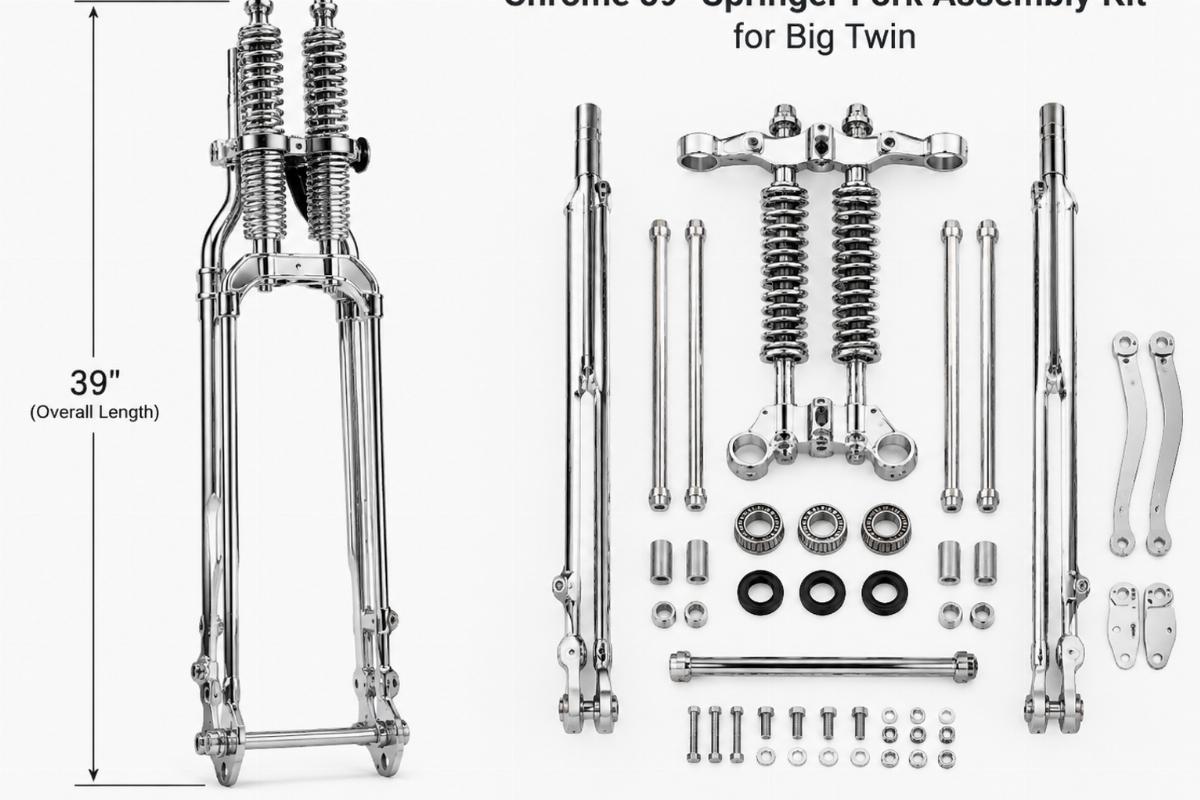 Chrome 39" springer fork assembly kit for big twin showing overall length