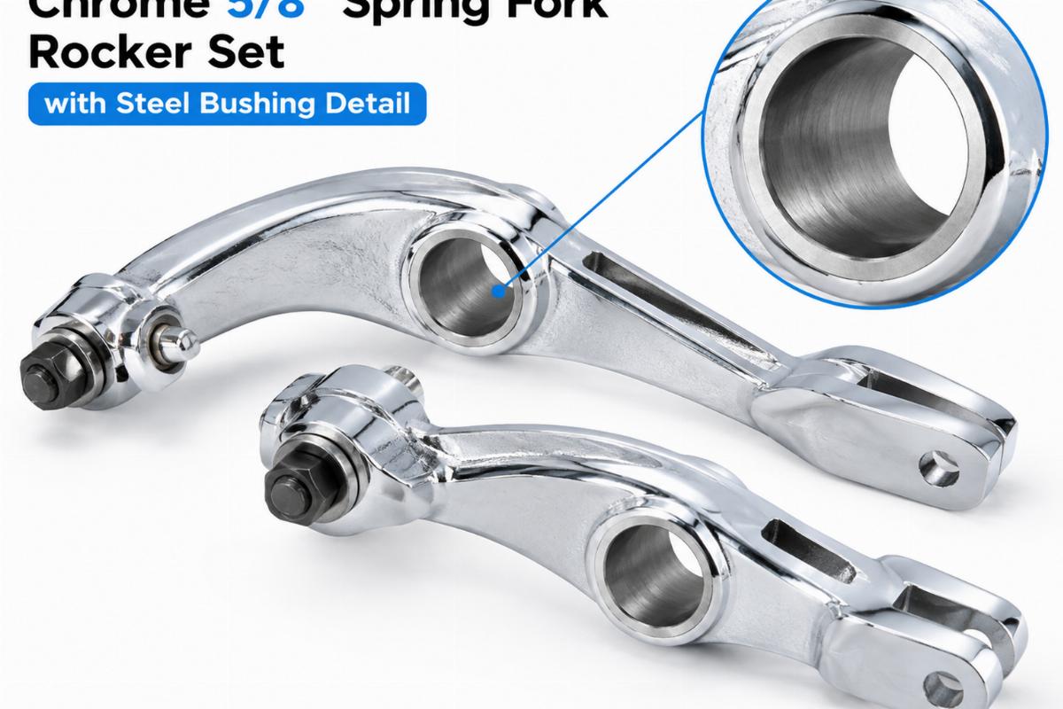 Chrome 5/8" spring fork rocker set showing steel bushing detail