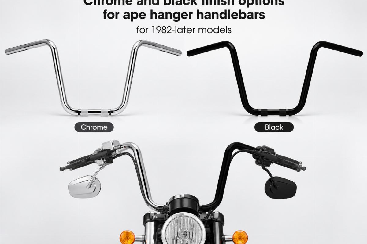 Chrome and black finish options for ape hanger handlebars for 1982-later models